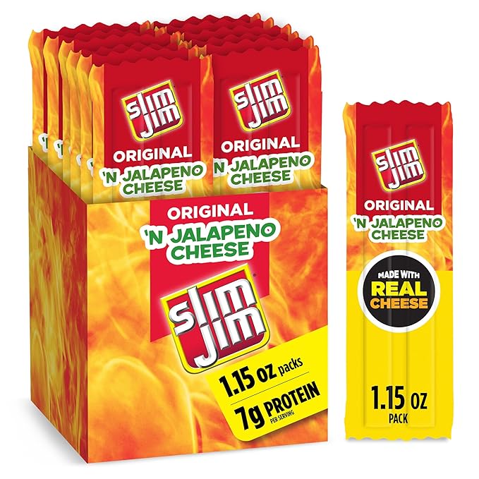 Slim Jim Beef 'N Jalapeno Cheese Smoked Meat Sticks Original Flavor 7g Protein Per Serving Easter Basket Stuffer for Men 1.15 oz. (14 Count)