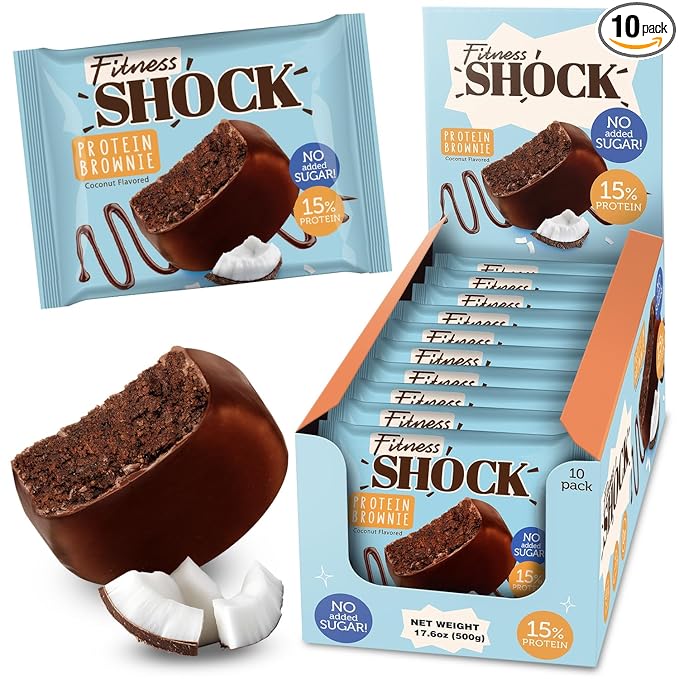 FitnesSHOCK Protein Brownies – Dark Chocolate &amp Coconut Dessert Bars – Low Sugar Dessert Snack (2g Total Sugar No Added Sugar) – Healthy Snack – 10 Count