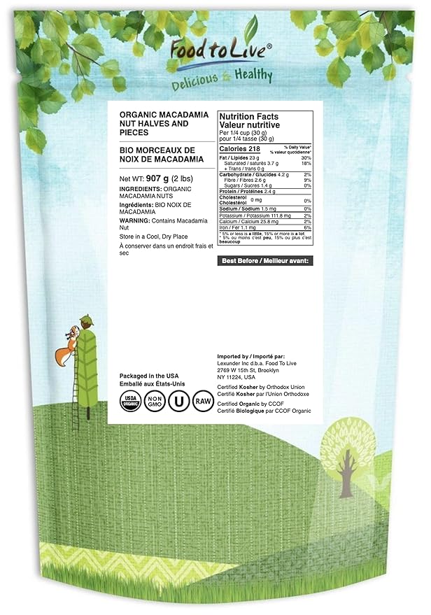 Food to Live Organic Macadamia Nut Halves &amp Pieces 2 Pounds – Non-GMO Raw Shelled Unsalted Kosher Vegan Bulk. Keto Snack. Good Source of Healthy Fats. Great as Topping for Yogurt Cereal.