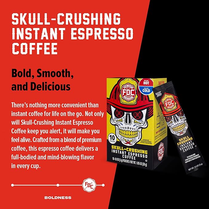 Fire Department Coffee Skull-Crushing Espresso Dark Roast Instant Coffee Packets - 60 Single Serve Packets - Gives Back to Firefighters - Veteran Owned