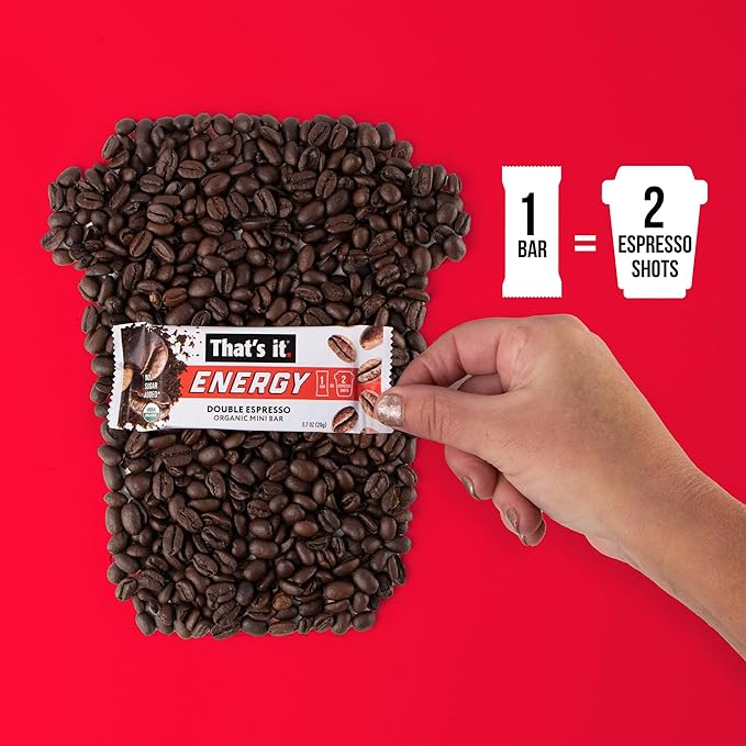That’s it. Organic Energy Coffee Mini Bars - (1 Mini Bar = 2 Espresso Shots) Grab and Go No Added Sugars Non-GMO Caffeine Power Snack Kosher Allergy Friendly (Double Espresso - 15 Count)