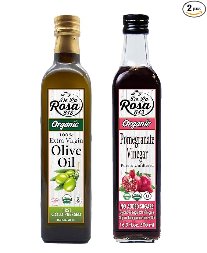 De La Rosa Organic Extra Virgin Olive Oil &amp Pomegranate Vinegar 100% Pure Raw &amp Unfiltered Vegan Kosher Non-GMO &amp Gluten Free Great for Salad Dressings &amp More 16.9 Oz (Pack of 2)
