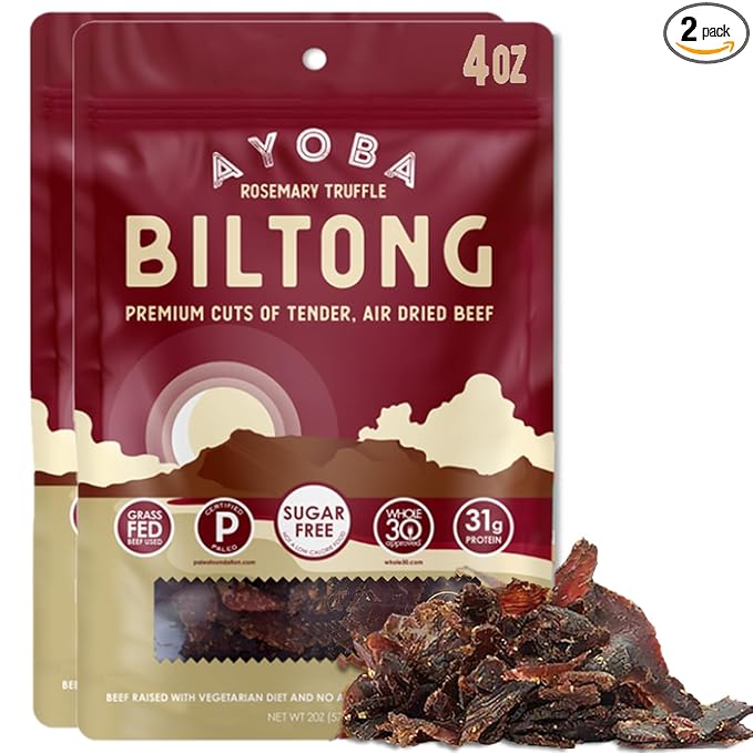 Ayoba Rosemary Truffle Grass Fed Beef Biltong Slices (2 Ounce Pack of 2) - Keto Friendly Air-Dried Grass Fed Beef Paleo Snacks - Gluten Free Whole 30 Approved Sugar free No Carb Meat Snacks