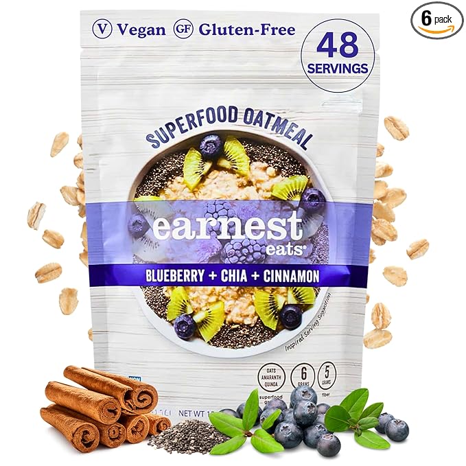 Earnest Eats Superfood Oatmeal – Blueberry Chia Cinnamon – Vegan Gluten Free 5g Plant Protein 4g Fiber No Added Sugar 48 Servings Total (6 Pack)
