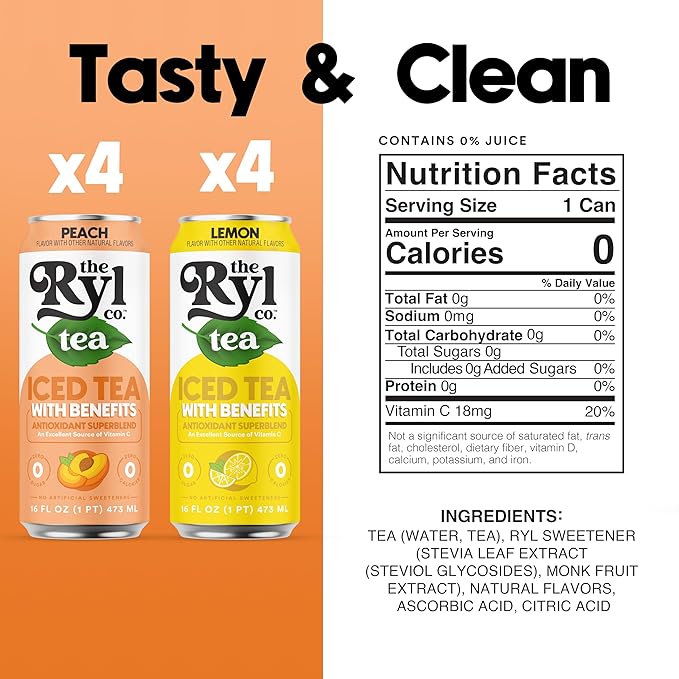 Ryl Iced Tea Variety Fruit Pack Peach Tea and Lemon Tea 12.0 Fl Oz (8-Pack)