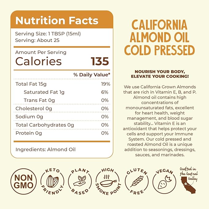 Fresh Vintage Farms 100% Cold Pressed Sweet Almond Oil | Nutrient-Rich Healthy Cooking Oil for Cooking Baking Grilling Dipping &amp Salads | Cold Pressed Almond Oil - 12.68 Fl oz Pack of 6