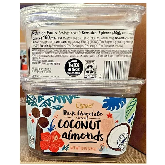 2 PACKS of L'CHOCEUR DARK CHOCOLATE-COVERED COCONUT ALMONDS 10 oz. KOSHER DELIGHT! RAINFROREST ALLIANCE CERTIFIED DARK CHOCOLATE