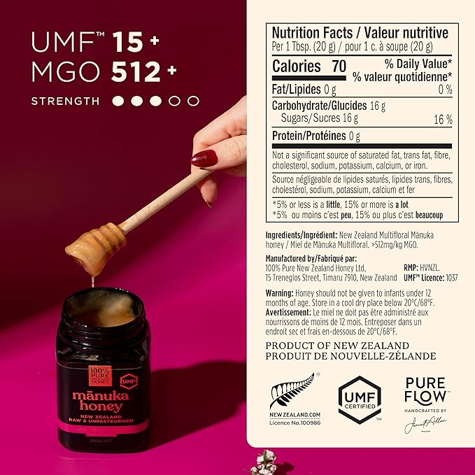 Manuka Honey UMF 15+ (MGO 512+) 100% Pure New Zealand - Certified Award Winning New Zealand Raw Manuka Honey Premium Grade 17.6 Ounce (500g)