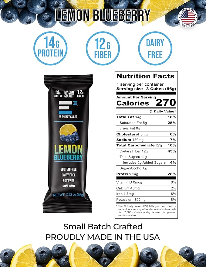 E3 Energy Cubes- Lemon Blueberry Refrigerated Protein Bars | Gluten Free Dairy Free Soy Free Non-GMO Macro Smart Prebiotic Fiber Prebiotic Fiber | High-Protein Healthy Snack Bars | Made in USA