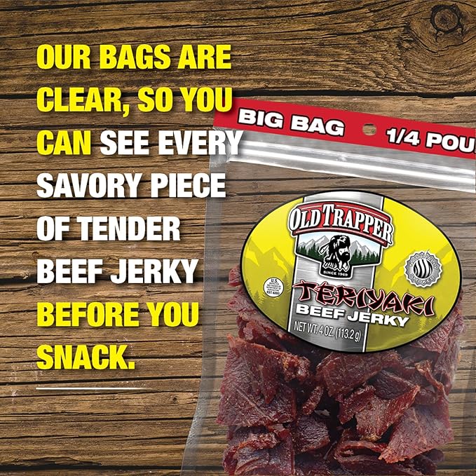 Old Trapper Beef Jerky Teriyaki 1/4-Pound Individual Package Savory and Sweet Meat Snack for Lunches or Between Meals 11 Grams of Protein Zero Grams of Fat 70 Calories per Serving (Pack of 8)