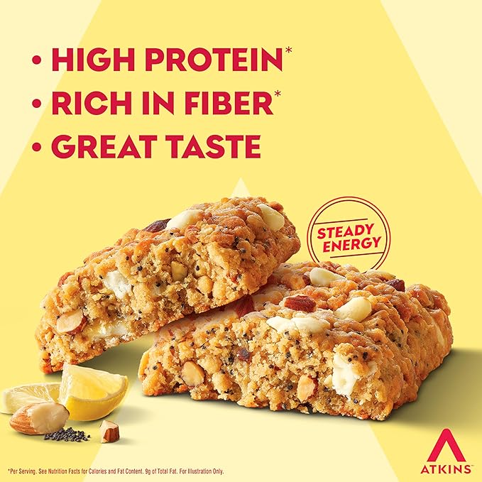 Atkins Soft Baked High Protein Bars Lemon Poppy Seed Flavor 15g Protein 4g Net Carbs 2g Sugar Keto Snacks Low Sugar Bars High Fiber Snacks 6 pack (4 bars each)