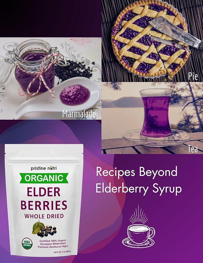 Organic Elderberries Dried Bulk | Whole European Elderberry Dried Wildcrafted All Natural | Non-GMO Non-irradiated | Immunity Booster Antioxidants and Vitamins | Make Syrup Tea| 2 lb (32 oz)