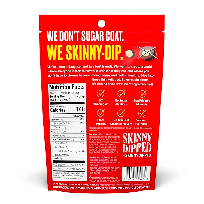 SkinnyDipped Dark Chocolate Peanut Butter Almonds Healthy Snack Plant Protein Gluten Free 3.5 oz Resealable Bags (Pack of 5)