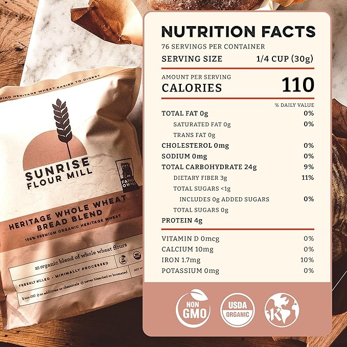 Sunrise Flour Mill Heritage Whole Wheat Bread Blend - 5 lb | USDA Organic All Purpose Flour Unbleached - Non-GMO Kosher Grown Without Glyphosate Ancient Grains Bread Flour Organic.