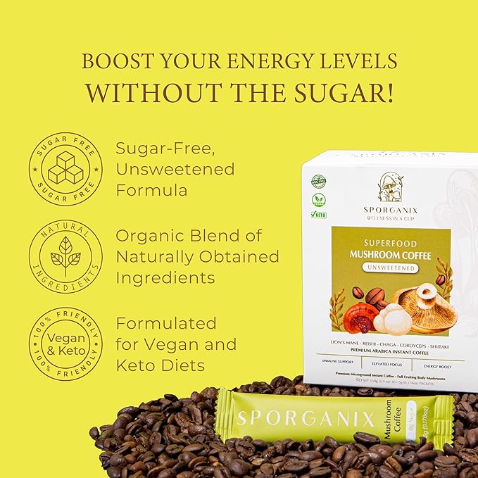 Sporganix Organic Mushroom Coffee – Instant Arabica with 5 Functional Mushrooms (Lion’s Mane Reishi Chaga Cordyceps Shiitake) – Unsweetened Medium Roast 30 Servings for Focus &amp Energy