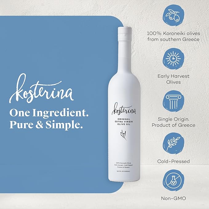 Kosterina Original Extra Virgin Olive Oil | Polyphenol Rich Greek Olive Oil Cold-Pressed EVOO Early Harvest Koroneiki Olives | High Antioxidant Natural Superfood | Harvested in Greece (16.9 oz)