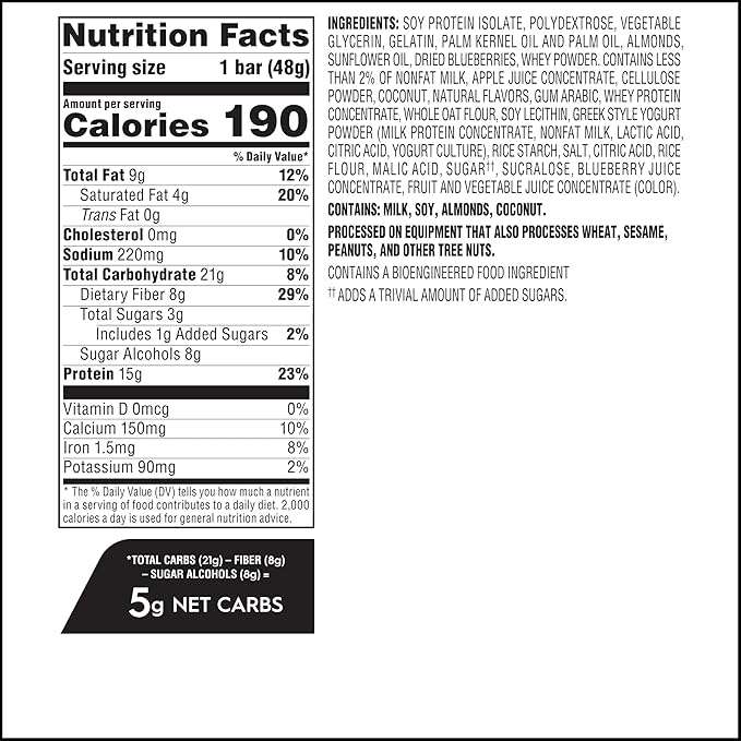 Atkins Blueberry Greek Yogurt Flavor High Protein Bar 15g Protein 3g Sugar 5g Net Carb High Fiber Snacks Keto Friendly Protein Bars 4 Count (Pack of 6)