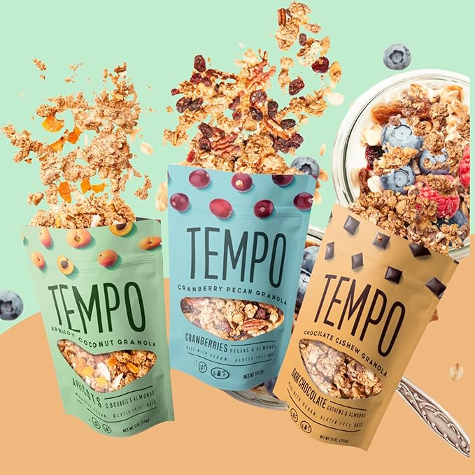 Tempo Granola Cluster Variety Pack - Dark Chocolate Cranberry Apricot - Vegan Gluten Free Oats Low Sugar Vegan Dairy Free Soy Free Vitamin E Prebiotics - High Protein Snacks with Oats - 6 Pa