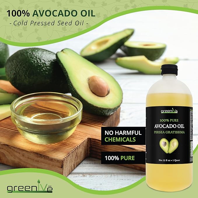 GreenIVe Avocado Oil Naturally Grown 100% Pure Natural without Additives Clean Cold Pressed Non-GMO Vegan: For Cooking Frying Baking and for Sauces Dressings Marinades Salads (32 Ounce)