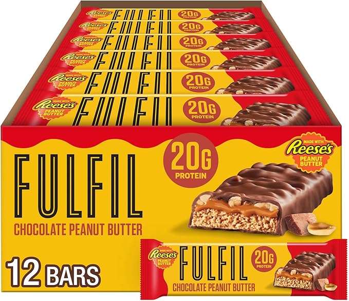 FULFIL Chocolate Peanut Butter Flavored Protein Bar Made with REESE's Peanut Butter Gluten Free with 20g Protein Pantry Staples 12 Count