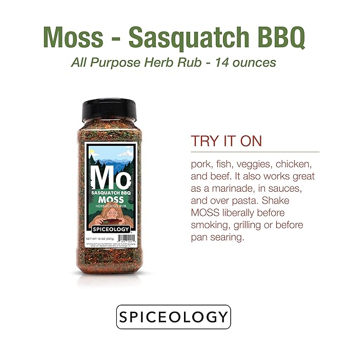 Spiceology &amp Sasquatch BBQ - Moss Seasoning - All-Purpose Herb Spice Rub - Use On: Pork fish Veggies Chicken Beef - Barbeque Rubs Spices and Seasonings - 14 oz
