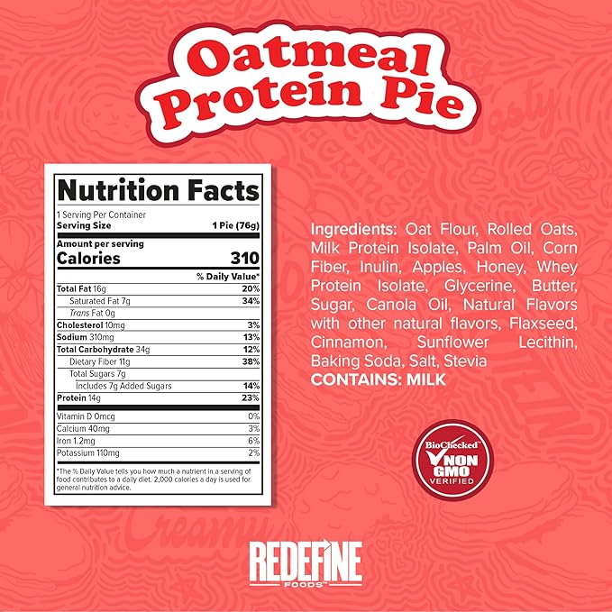 Redefine Foods Oatmeal Protein Pie Original Flavor - 8 Count - 14g of Protein Per Serving - Non-GMO