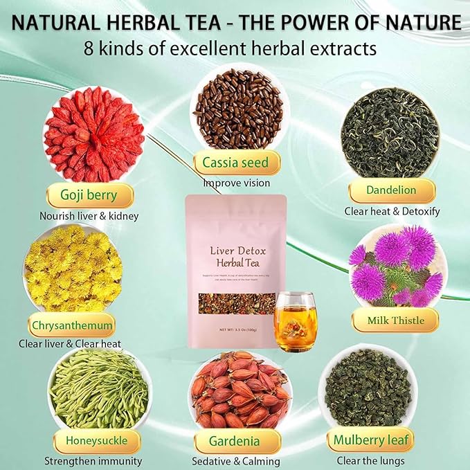 Liver Detox Herbal Tea Liver Detox Tea Organic Dandelion Chrysanthemum Cassia Seed Goji Berry Tea Milk Thistle Chinese Kidney &amp Liver Health Tea Bags - 8 Ingredients Natural Blend Formula (1)