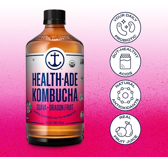 Health-Ade Kombucha Tea Organic Drink Fermented Tea with Living Probiotics Detoxifying Acids Supports Gut Health Non-GMO Vegan Gluten Free 12 Pack (16 Fl Oz Bottles) Guava Dragon Fruit