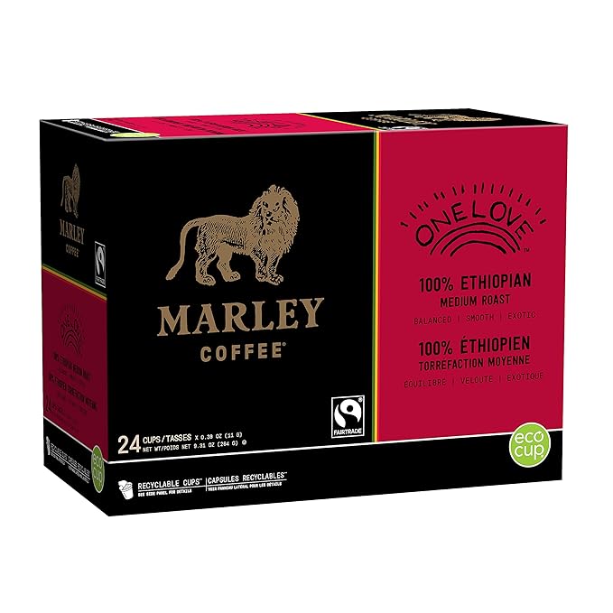 Marley Coffee One Love 100% Ethiopian Medium Roast Coffee Keurig K-Cup Brewer Compatible Pods 24 Count
