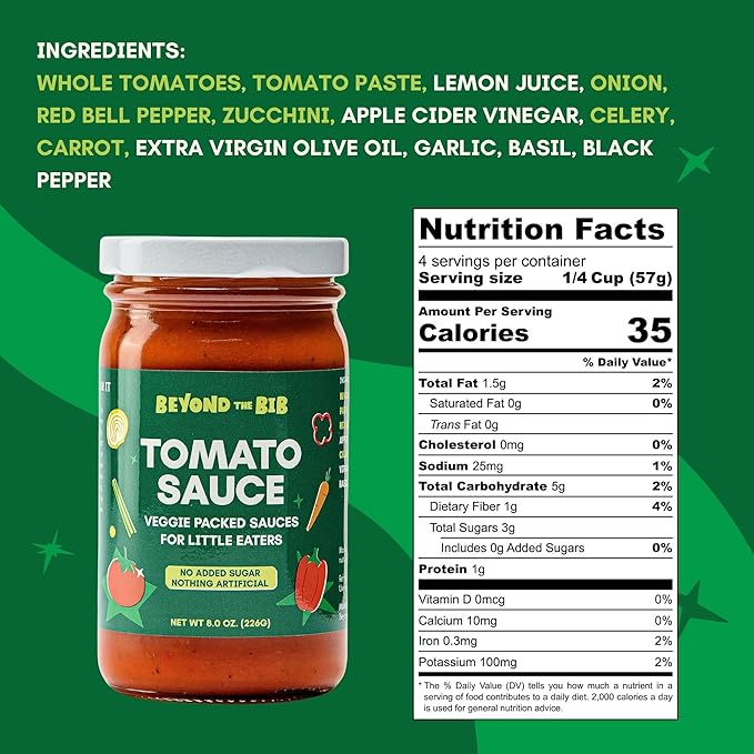Beyond the Bib - Toddler and Kids Healthy Meal Sauces and Dips - Made with Vegetables No Added Sugar No Salt No Artificial Ingredients - Ready to Eat - For 24+ Months (Tomato Sauce - 3 Pack)