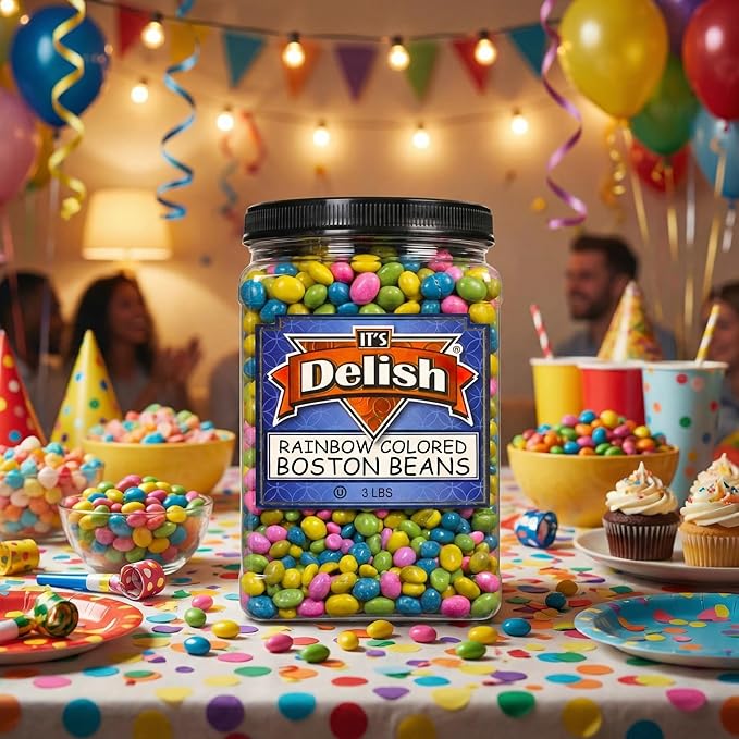 Rainbow Colored Boston Beans Candy Coated Peanuts by It's Delish 3 LBS Jumbo Reusable Container | Candy Coated Peanuts | Easter Candies &amp Party Favors for Birthday Parties Christmas | Vegan Kos
