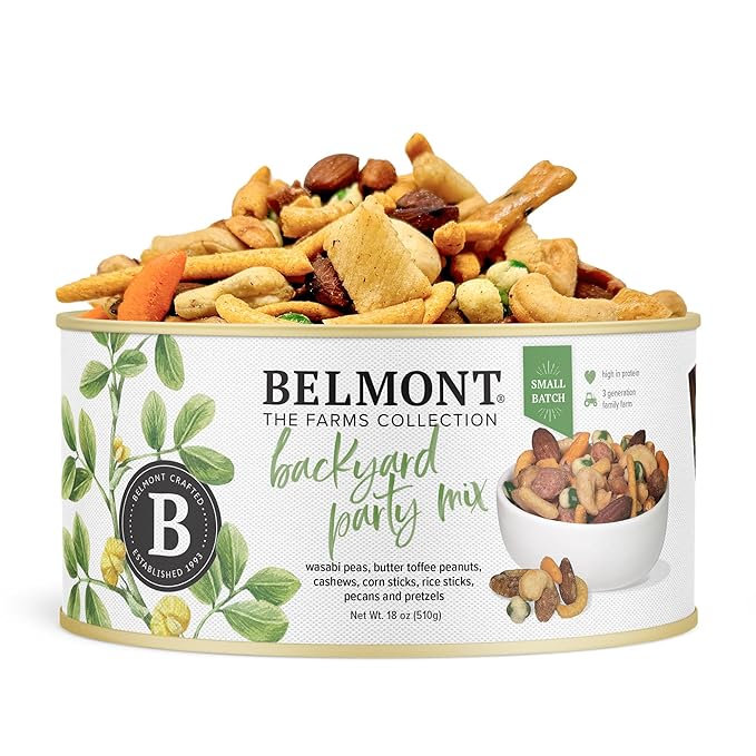 Belmont Peanuts Backyard Party Mix 18 oz (Pack of 1) | Butter Toffee Peanuts Wasabi Peas Cashews Corn &amp Rice Sticks Pecans Pretzels | Simple Ingredients No Preservatives Hand-Seasoned