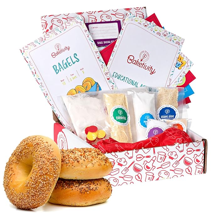 Baketivity Kids Baking Set Meal Cooking Party Supply Kit for Teens Real Fun Little Junior Chef Essential Kitchen Lessons Includes Pre-Measured Ingredients (Baketivity Kit Bagels)