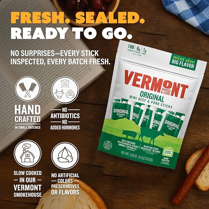 Vermont Smoke &amp Cure - Original Beef &amp Pork Meat Sticks - Protein Snacks - On the Go Healthier Snack for Adults &amp Kids - 0.5 oz 8 Pouches 48 Count
