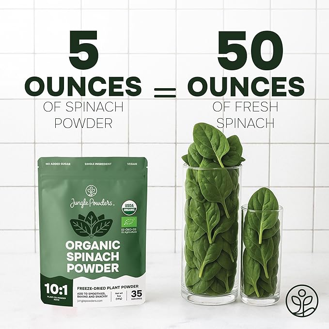 Jungle Powders Freeze Dried Whole Organic Wild Blueberries 4oz &amp Spinach Powder 5oz Bundle – Freeze Dried Whole Fruit &amp Leaf No Sugar Added Superfoods for Smoothies Baking &amp Immune Supp