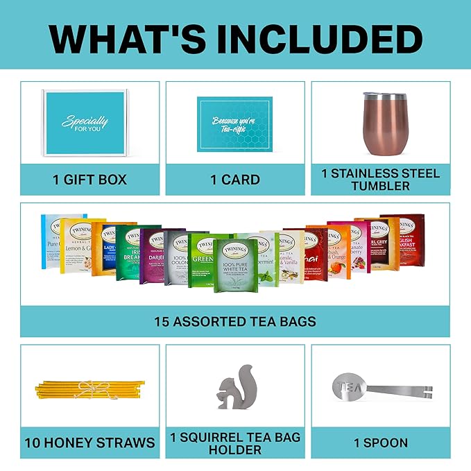 Modern Elegance Tea Tumbler Gift Set – Includes Tea Bag Holder Spoon Honey Straw 15 Assorted Flavor Blends &amp Hot &amp Cold 12oz Insulated Tumbler – Ideal for Holiday Gift for Tea Lovers – Rose