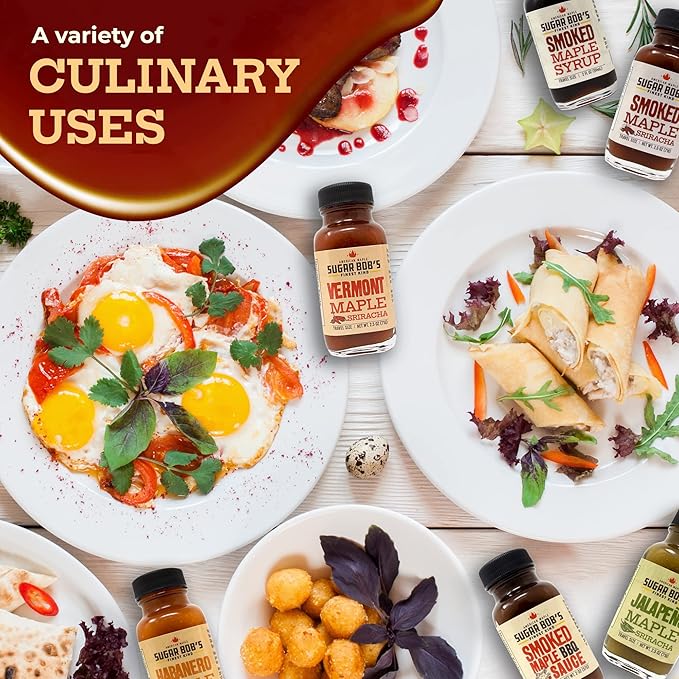 Sugar Bob's Finest Kind - Savory Maple Pantry 6 Flavor Variety Pack - Smoked Maple Syrup BBQ Sauce Maple Sriracha Hot Sauces &amp More - 2 oz Size