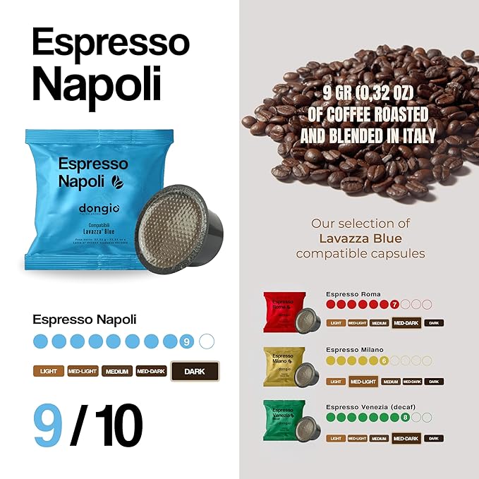 Dongiò Caffè Espresso Napoli - 40 Lavazza Blue/Black Compatible Capsules Dark Roast Coffee (Intensity 9/10) - Roasted and Blended In Italy
