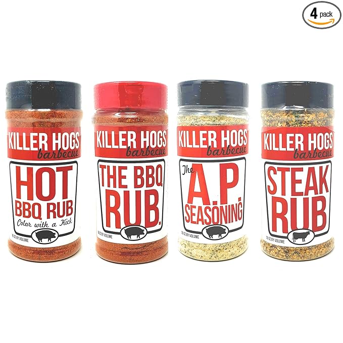 Killer Hogs Barbecue Rub Variety Pack - Hot BBQ Steak Rub A.P. Seasoning and Original BBQ Rub - Pack of 4 Bottles - 48 oz Total - Bulk Killer Hogs Barbecue Seasoning