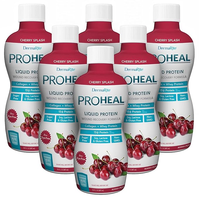 DermaRite's ProHeal Protein Supplement - Liquid Protein Wound Recovery Formula 15g of Collagen &amp Whey Protein - Cherry Splash Flavor 30 oz. 6 Count