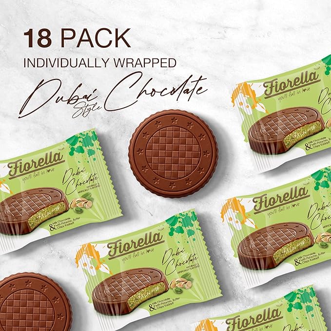 Fiorella Dubai Style Milk Chocolate Pistachio Bars Filled Chocolate With Pistachio Butter &amp Crispy Kadayif Individually Wrapped Chocolate Snacks 18 Pack