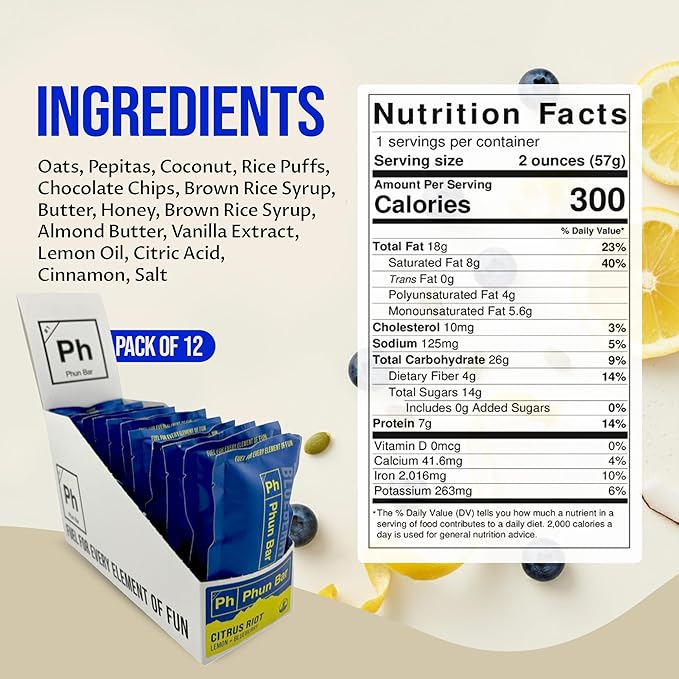 Phun Bar Citrus Riot Energy Bars (Pack of 12) | Lemon + Blueberry | 300-Calorie Gluten-Free Sports Energy Bars with Sustained Energy for Cycling Endurance Training Long Rides &amp Active Days