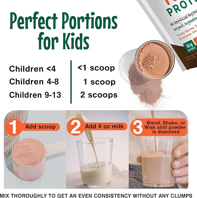 Kids Protein Shake Powder 16g – Zero Sugar Organic Ingredients Grass-Fed Whey Proteins – Calcium &amp Choline for Bone Strength &amp Brain Development Protein Shake 15-45 Servings – Chocolate