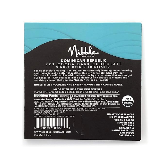 Nibble Chocolate Dominican Republic 72% | 3 Pack | Certified Organic | Vegan | 2 Ingredients | Gluten &amp Soy Free |