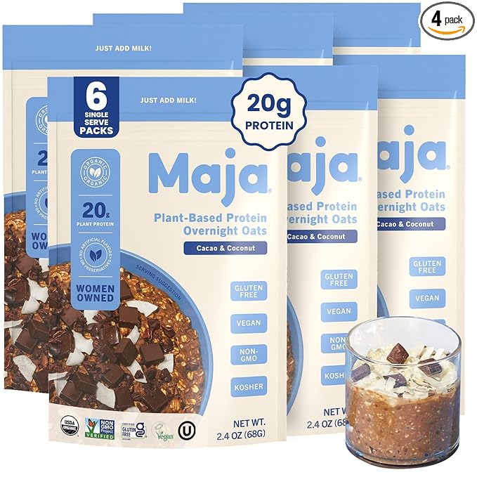 Maja Cacao &amp Coconut Overnight Protein Oats 2.4 oz Single-Serve (6 Pouches) | High Protein Overnight Oats Gluten Free Plant-Based | Rich Cacao with Coconut | Just Add Milk or Plant Milk