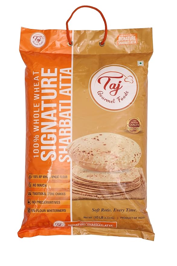 TAJ Signature Sharbati Atta 10lbs (Chakki Atta - Stone Ground) 100% Whole Wheat Flour Chappati Flour