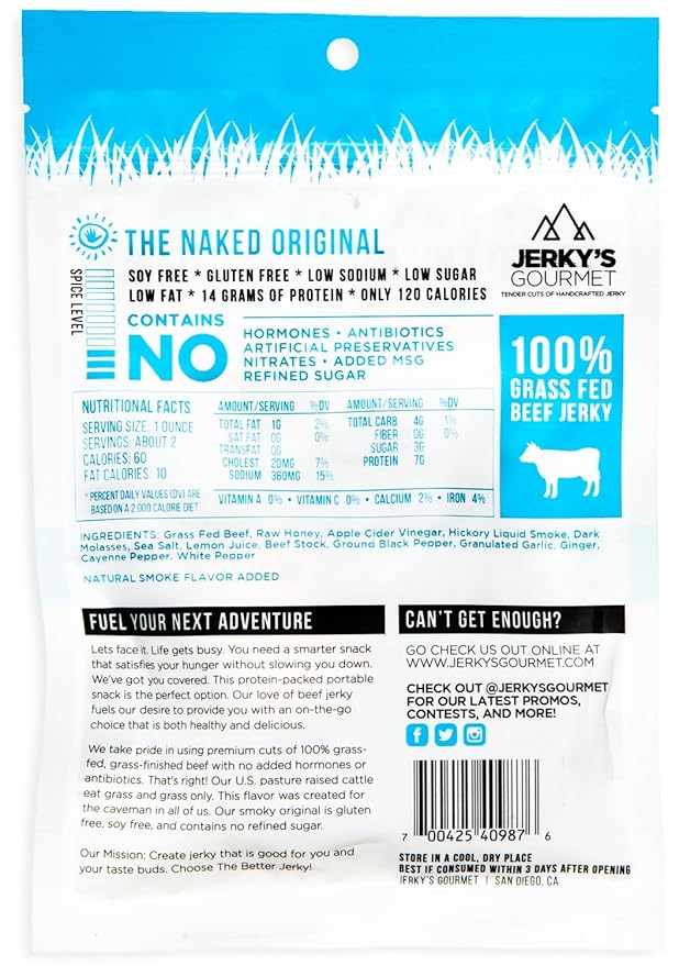 Naked Grass Fed Beef Jerky - 120 Calorie Snacks Gourmet Healthy Low Carb High Protein - Keto Friendly Paleo Friendly Soy Free &amp Gluten Free (3 Packs)