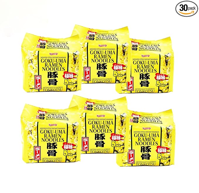 Shirakiku Japanese Goku-Uma Instant Ramen Noodle Tonkotsu / Hot / Soy Sauce Flavor Pack of 30 (Tonkotsu Pack of 30)