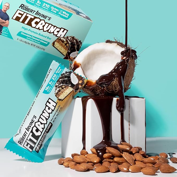 FITCRUNCH Snack Size Protein Bars 6-Layer Baked Bar 5g of Sugar &amp Soft Cake Core (9 Bars Chocolate Coconut Almond)