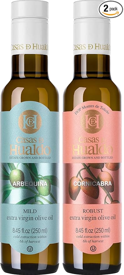 Casas de Hualdo Extra Virgin Olive Oil Imported From Spain Baking &amp Sautéing  Variety Pack One 250 ML Bottle of Each Flavor: Arbequina for Baking and Cornicabra for Sautéing